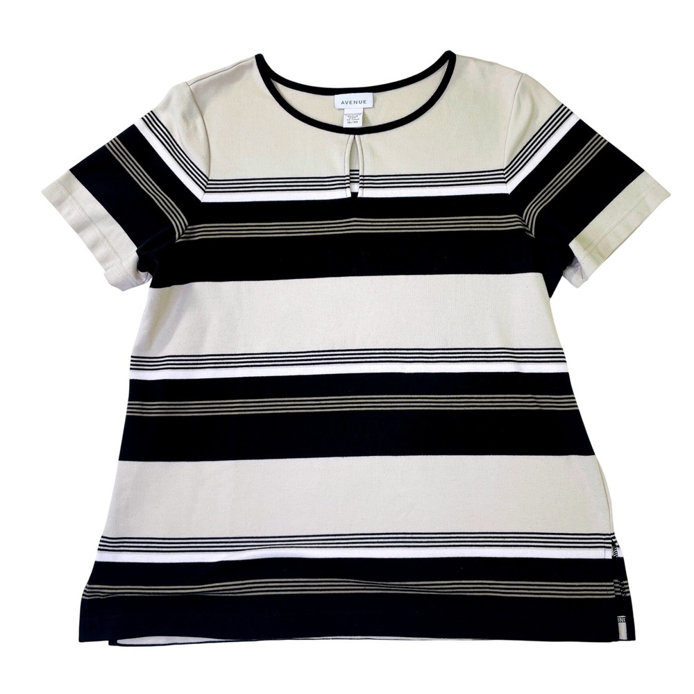 Avenue Womens Plus Size 18/20 Striped Keyhole Short Sleeve Knit Top Black Beige